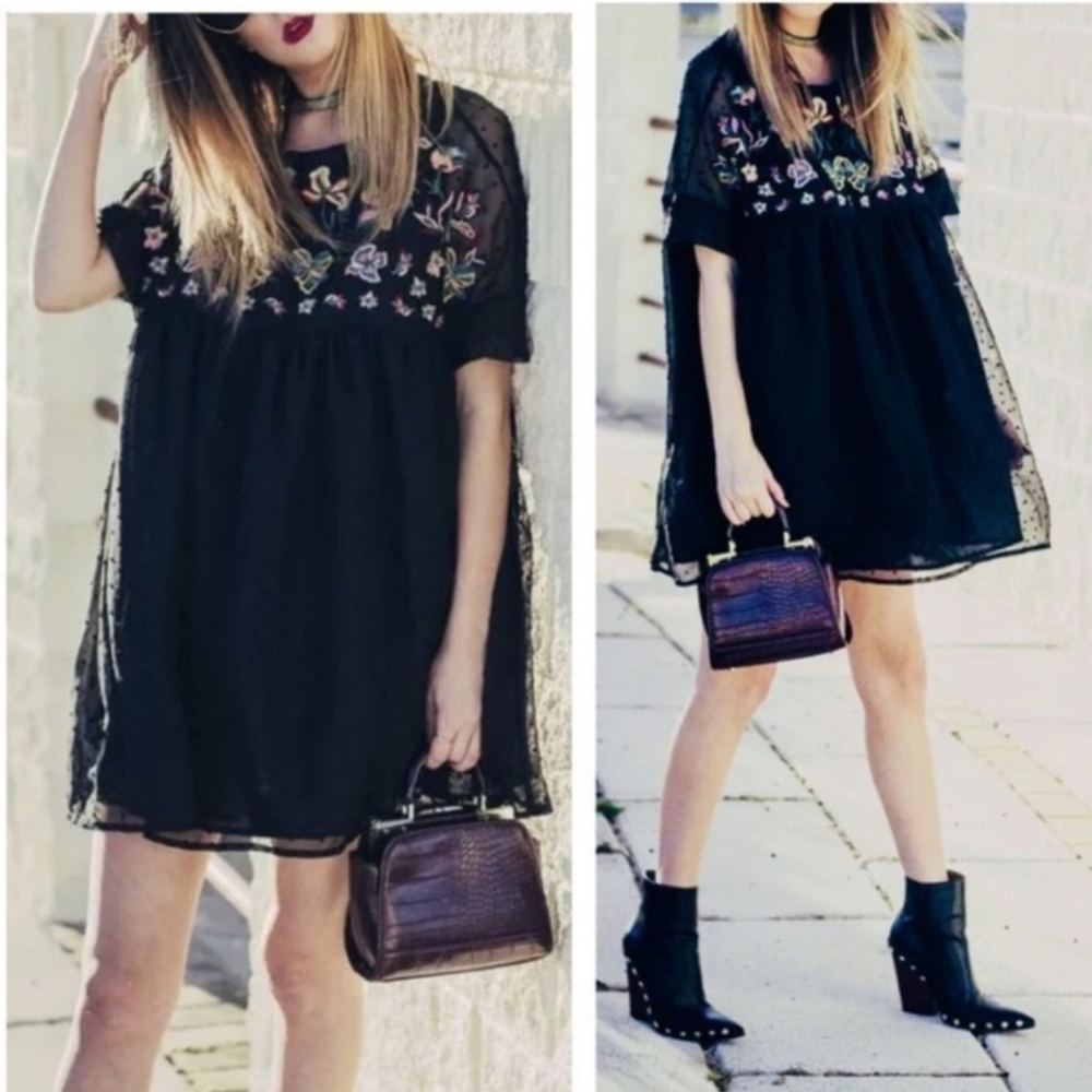 Zara Black Floral Embroidered Swiss Dot Romper Baby Doll Sz: L